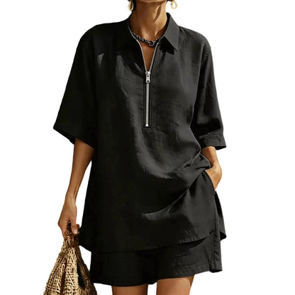 ⌛Limited-Time Offer-Women Casual Two Piece Set Short Sleeve Half Zip Top and Shorts