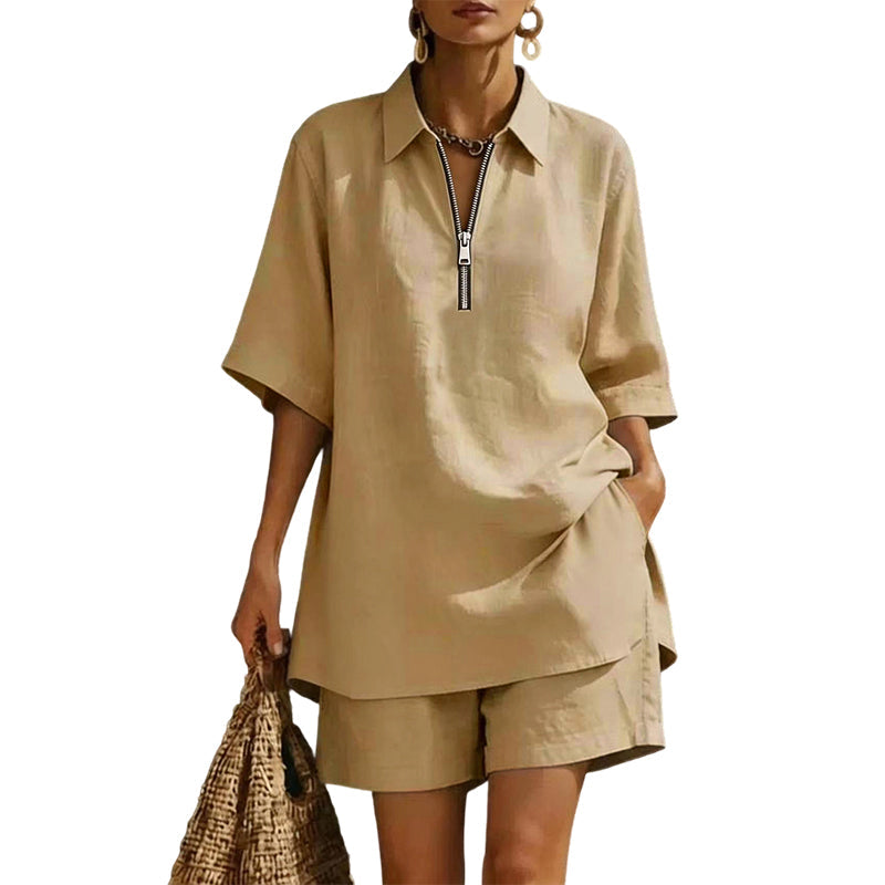 ⌛Limited-Time Offer-Women Casual Two Piece Set Short Sleeve Half Zip Top and Shorts