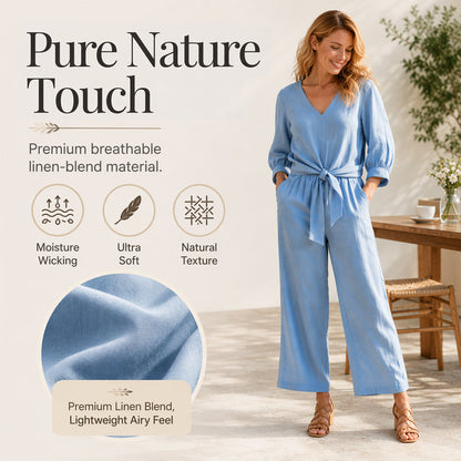 Women's V-Neck Tie-Front Top & Wide-Leg Pants Set