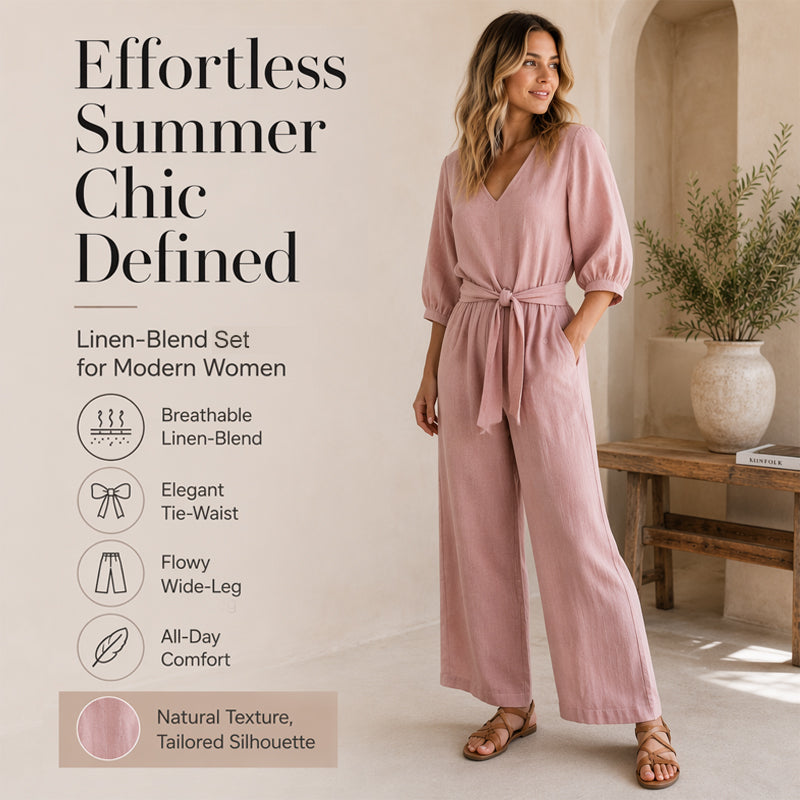 Women's V-Neck Tie-Front Top & Wide-Leg Pants Set