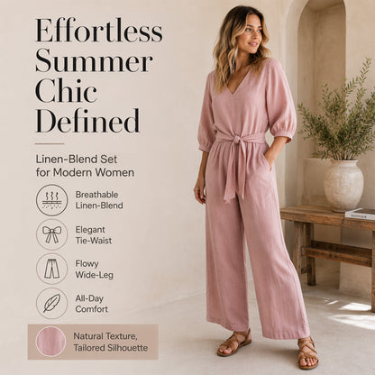 Women's V-Neck Tie-Front Top & Wide-Leg Pants Set