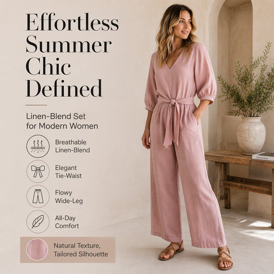 Women's V-Neck Tie-Front Top & Wide-Leg Pants Set