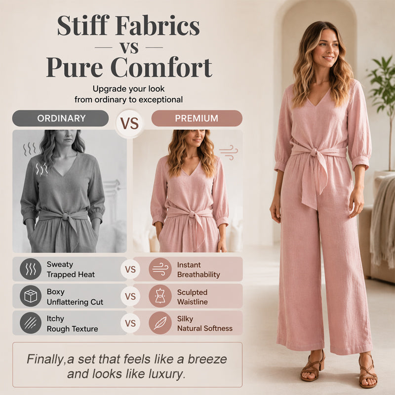 Women's V-Neck Tie-Front Top & Wide-Leg Pants Set