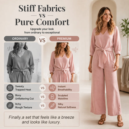Women's V-Neck Tie-Front Top & Wide-Leg Pants Set