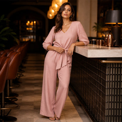 Women's V-Neck Tie-Front Top & Wide-Leg Pants Set