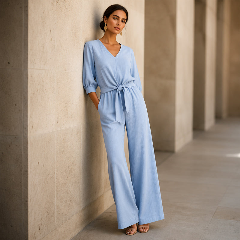 Women's V-Neck Tie-Front Top & Wide-Leg Pants Set