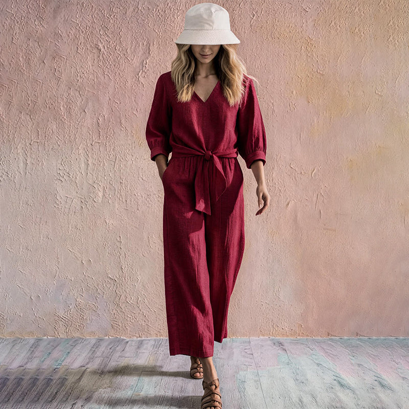 Women's V-Neck Tie-Front Top & Wide-Leg Pants Set