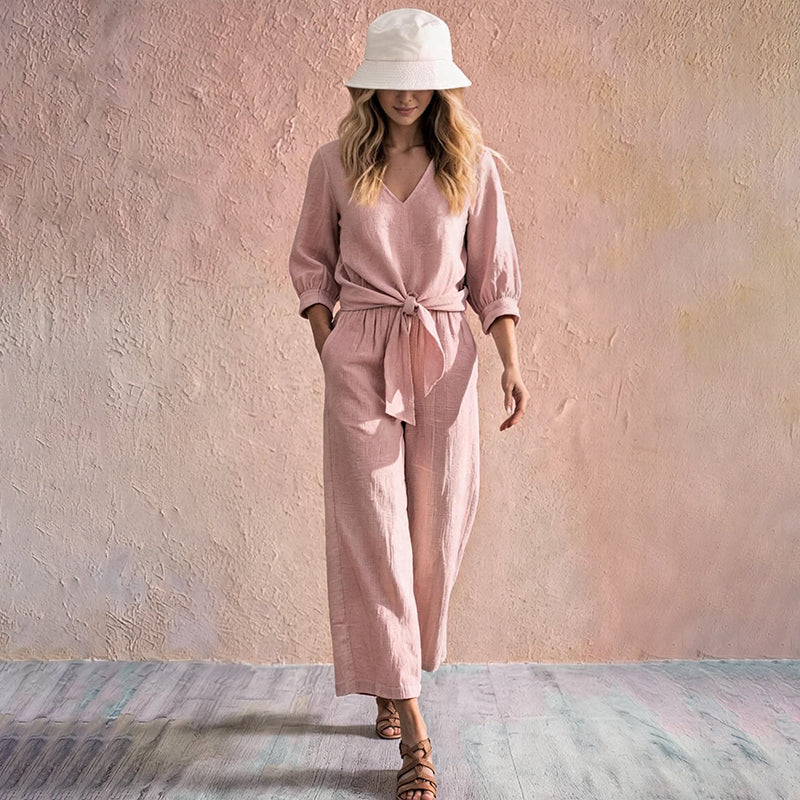 Women's V-Neck Tie-Front Top & Wide-Leg Pants Set