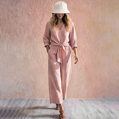 Women's V-Neck Tie-Front Top & Wide-Leg Pants Set