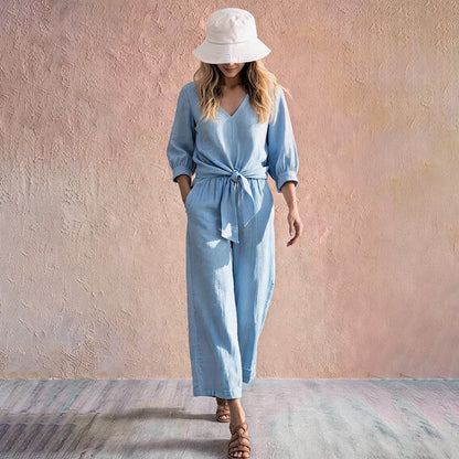 Women's V-Neck Tie-Front Top & Wide-Leg Pants Set