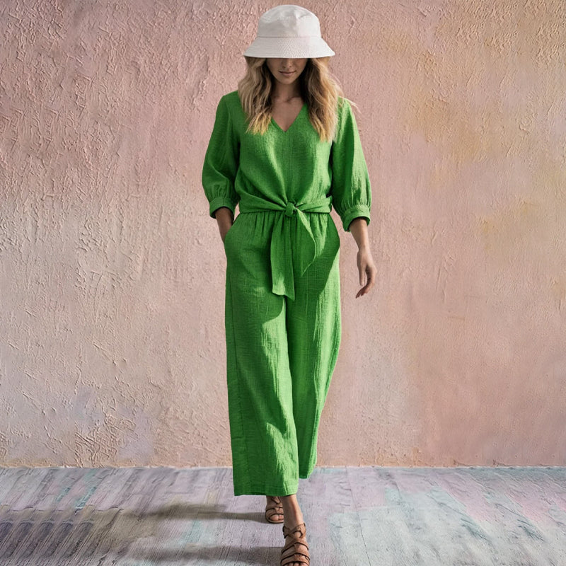 Women's V-Neck Tie-Front Top & Wide-Leg Pants Set