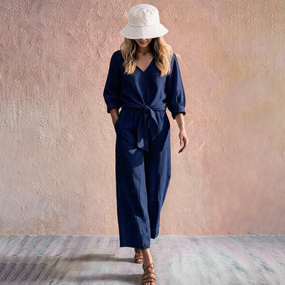 Women's V-Neck Tie-Front Top & Wide-Leg Pants Set