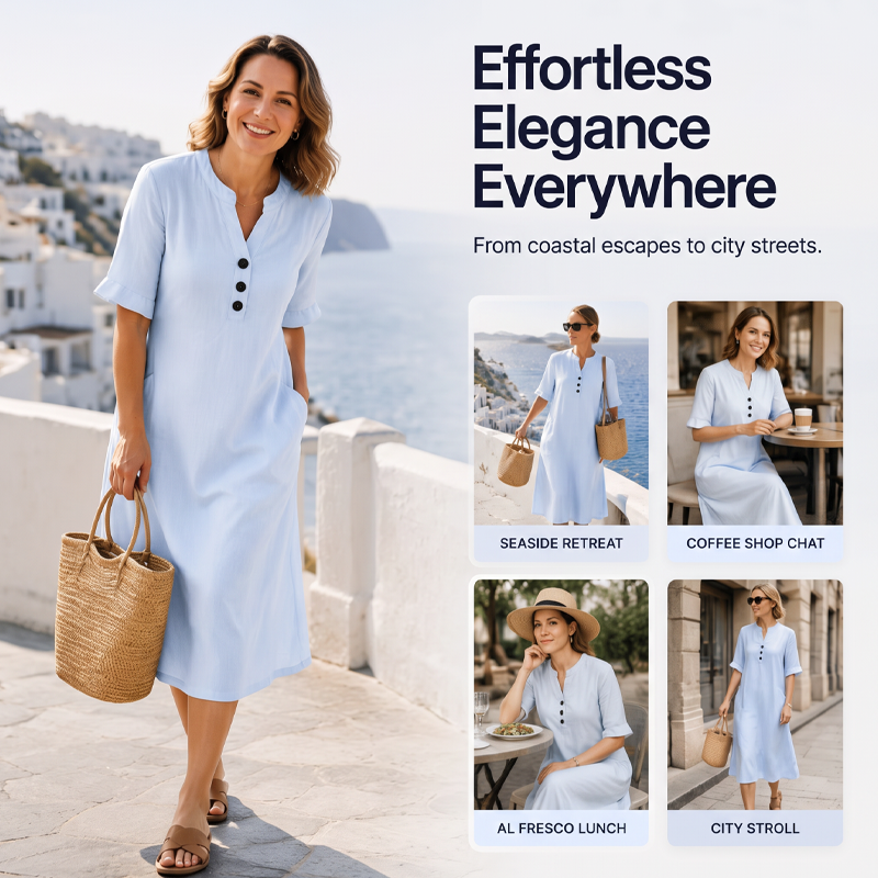 Limited-Time⌛🌿 Lightweight Casual Button Dress – Perfect for Beach Strolls & Brunch Dates