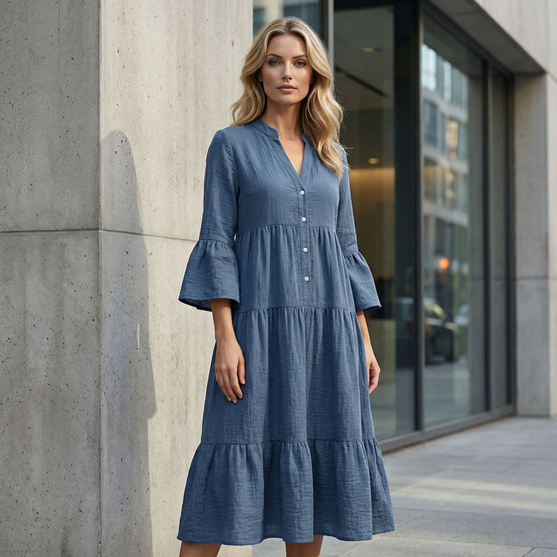 Trending Now⭐👗 Tiered A-Line Dress with Flounce Sleeves & Button Front – Breezy Boho Style for Any Occasion