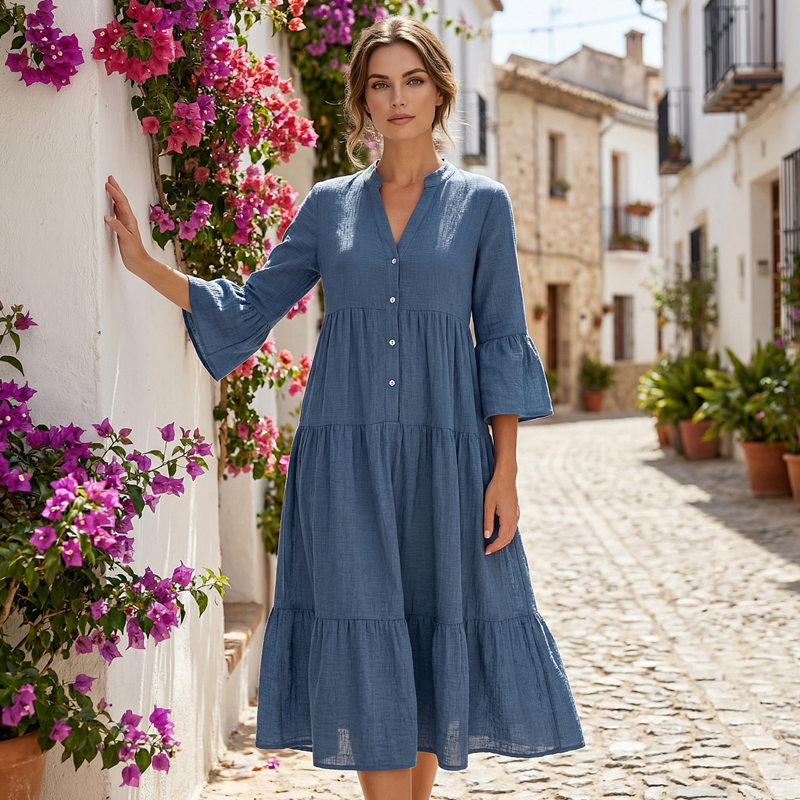 Trending Now⭐👗 Tiered A-Line Dress with Flounce Sleeves & Button Front – Breezy Boho Style for Any Occasion