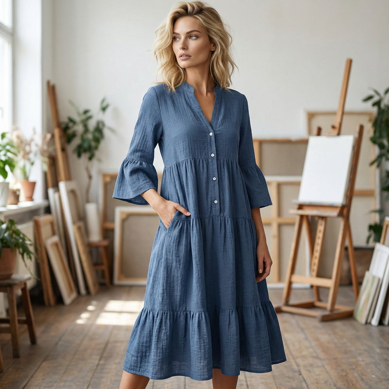 Trending Now⭐👗 Tiered A-Line Dress with Flounce Sleeves & Button Front – Breezy Boho Style for Any Occasion