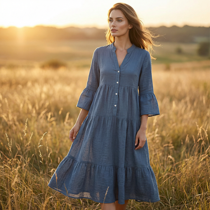 Trending Now⭐👗 Tiered A-Line Dress with Flounce Sleeves & Button Front – Breezy Boho Style for Any Occasion