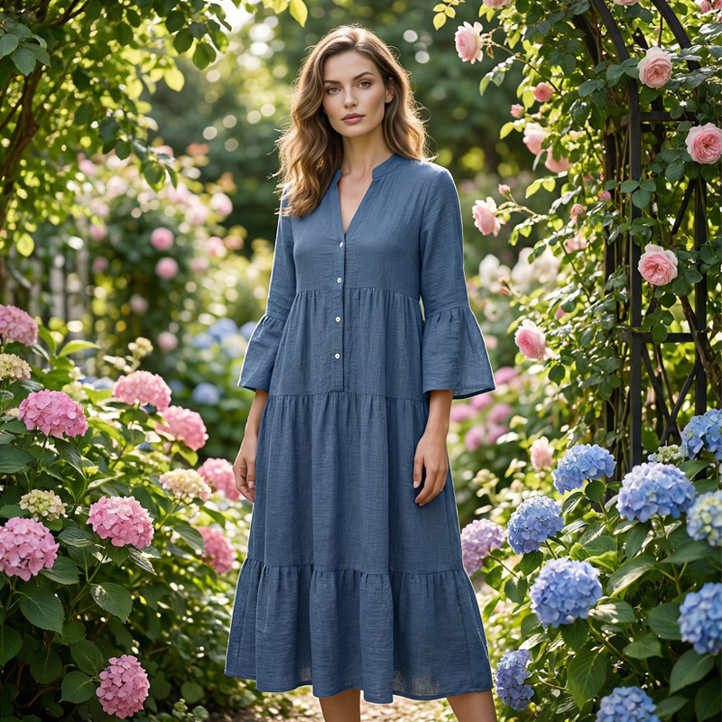 Trending Now⭐👗 Tiered A-Line Dress with Flounce Sleeves & Button Front – Breezy Boho Style for Any Occasion