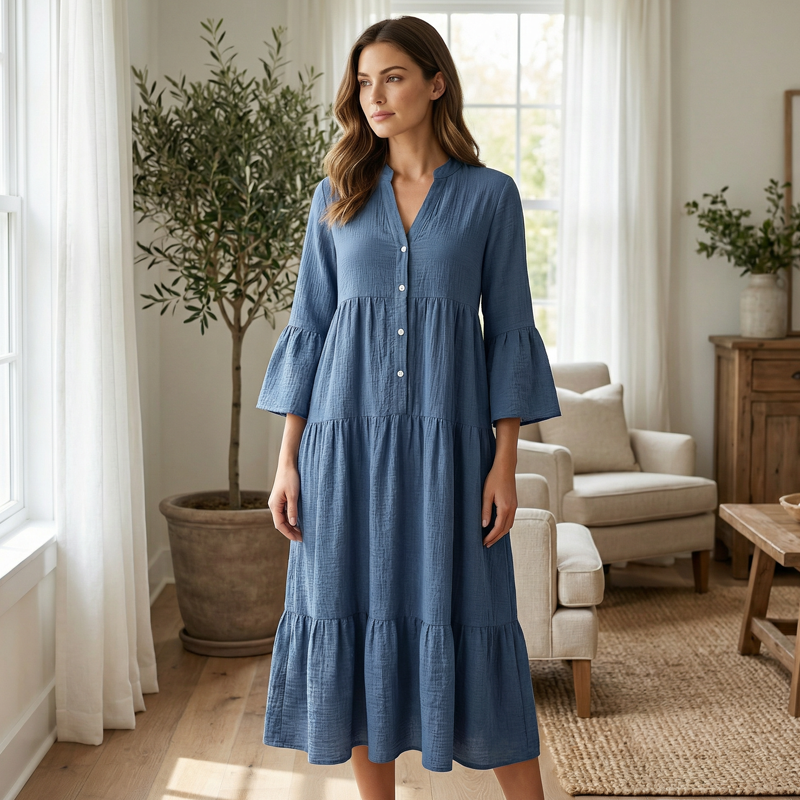 Trending Now⭐👗 Tiered A-Line Dress with Flounce Sleeves & Button Front – Breezy Boho Style for Any Occasion