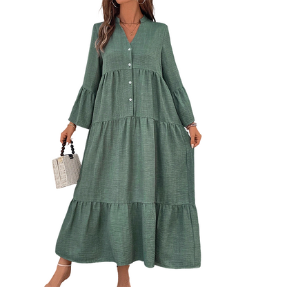 Trending Now⭐👗 Tiered A-Line Dress with Flounce Sleeves & Button Front – Breezy Boho Style for Any Occasion