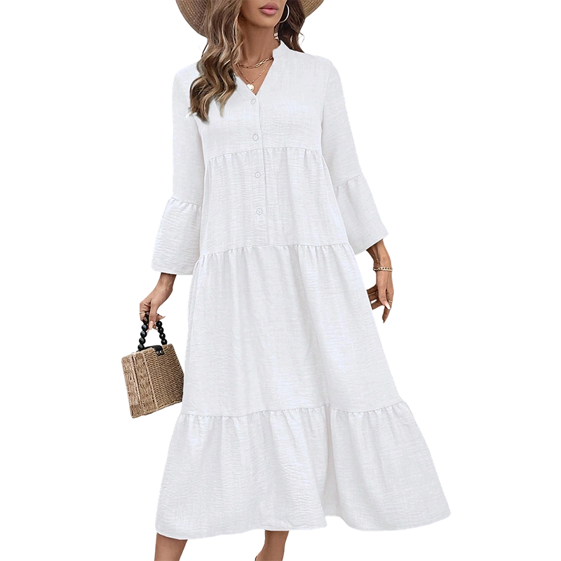 Trending Now⭐👗 Tiered A-Line Dress with Flounce Sleeves & Button Front – Breezy Boho Style for Any Occasion