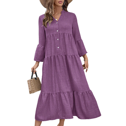 Trending Now⭐👗 Tiered A-Line Dress with Flounce Sleeves & Button Front – Breezy Boho Style for Any Occasion
