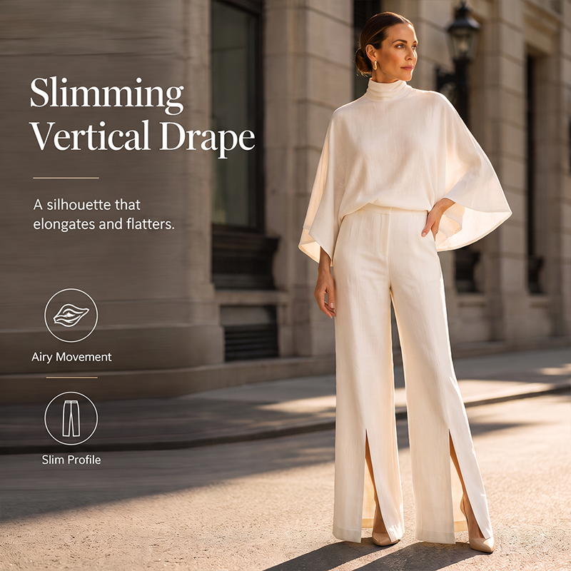 Women Elegant Mock Neck Cape Top and Wide Leg Pants Set