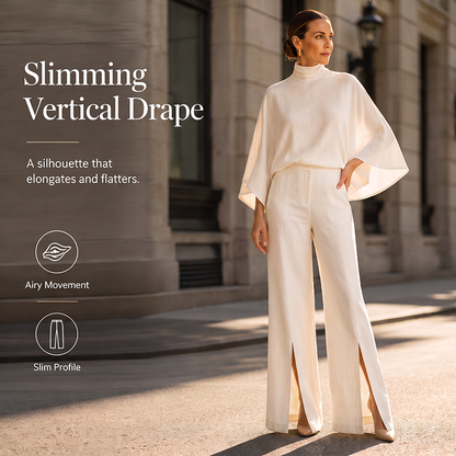 Women Elegant Mock Neck Cape Top and Wide Leg Pants Set
