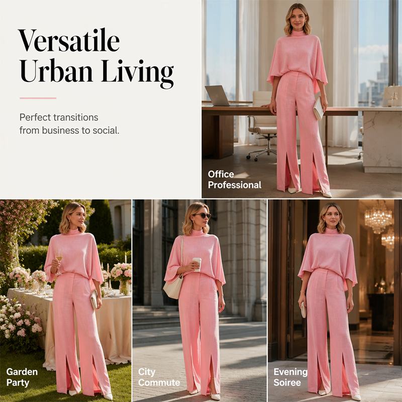 Women Elegant Mock Neck Cape Top and Wide Leg Pants Set