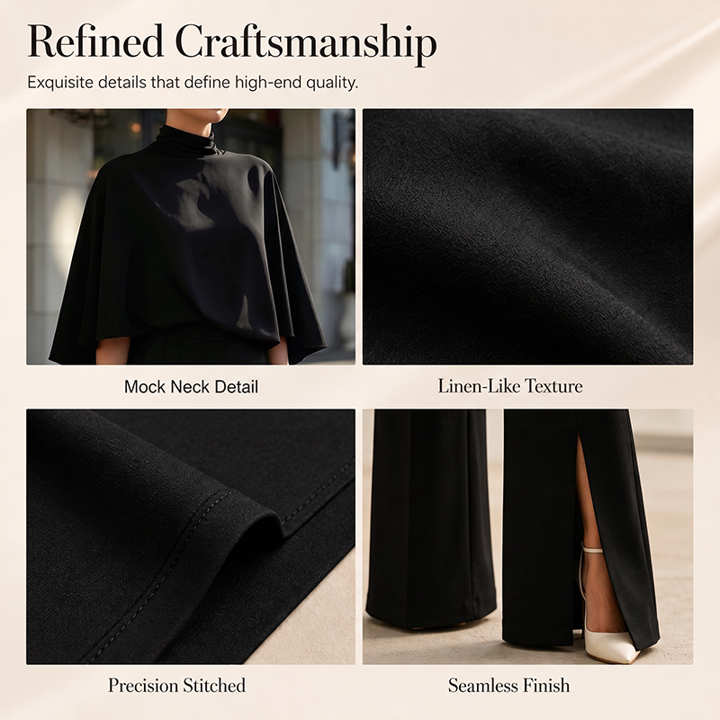 Women Elegant Mock Neck Cape Top and Wide Leg Pants Set