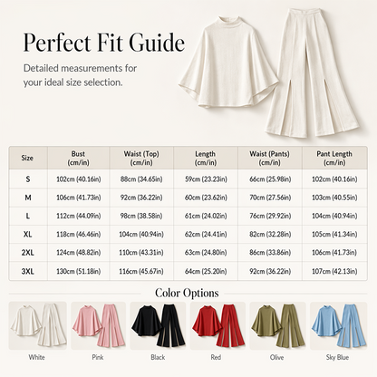Women Elegant Mock Neck Cape Top and Wide Leg Pants Set
