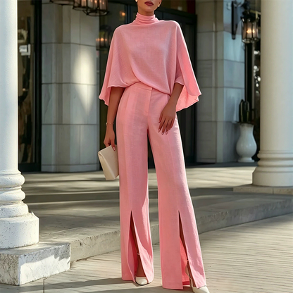 Women Elegant Mock Neck Cape Top and Wide Leg Pants Set