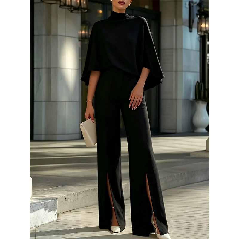 Women Elegant Mock Neck Cape Top and Wide Leg Pants Set