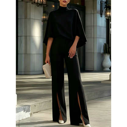 Women Elegant Mock Neck Cape Top and Wide Leg Pants Set