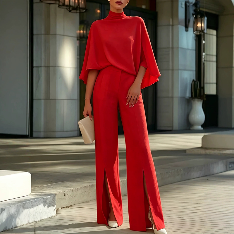 Women Elegant Mock Neck Cape Top and Wide Leg Pants Set