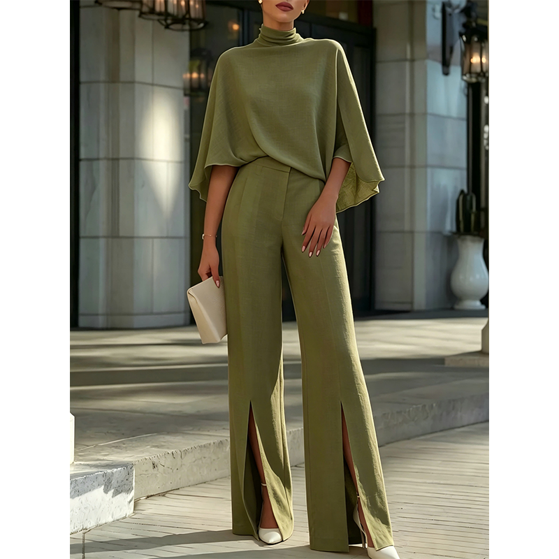 Women Elegant Mock Neck Cape Top and Wide Leg Pants Set