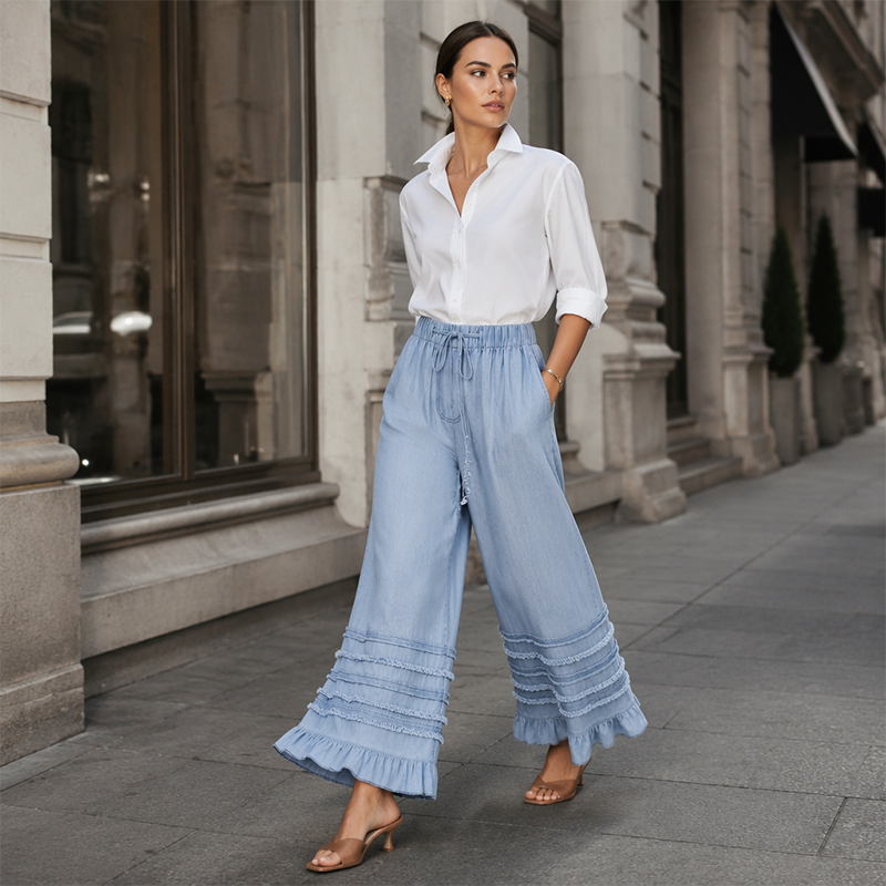 Women's Ruffle Hem Tencel Denim Wide Leg Pants