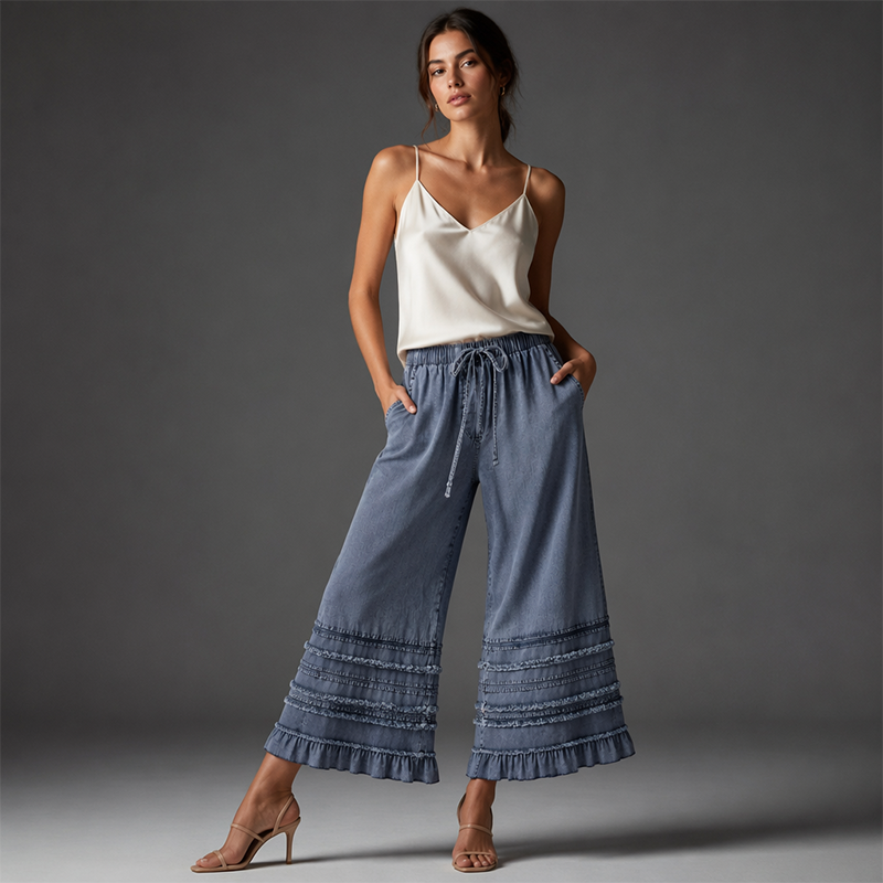 Women's Ruffle Hem Tencel Denim Wide Leg Pants