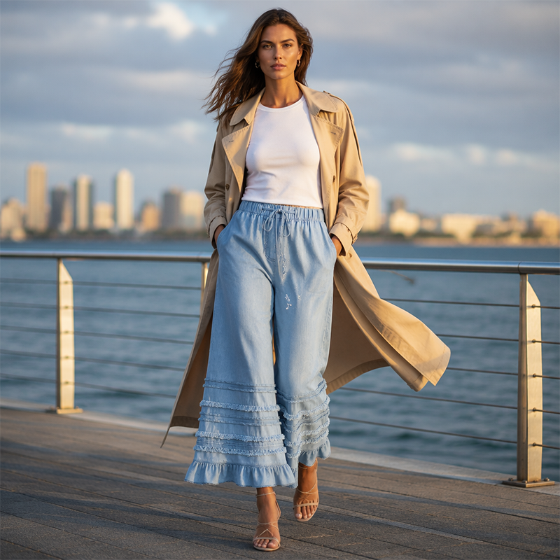 Women's Ruffle Hem Tencel Denim Wide Leg Pants