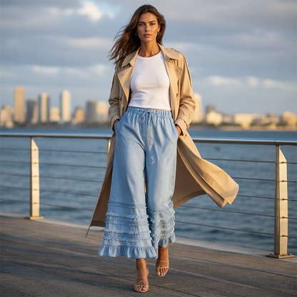 Women's Ruffle Hem Tencel Denim Wide Leg Pants