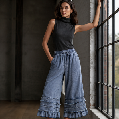 Women's Ruffle Hem Tencel Denim Wide Leg Pants