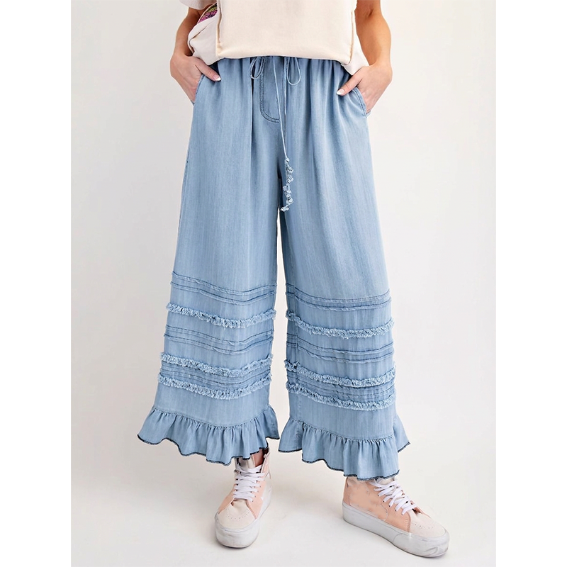 Women's Ruffle Hem Tencel Denim Wide Leg Pants