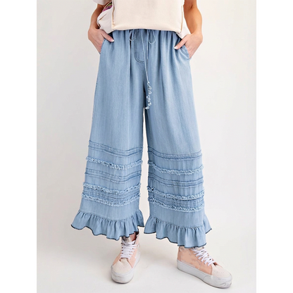 Women's Ruffle Hem Tencel Denim Wide Leg Pants