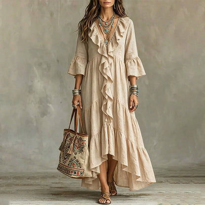 Women's Retro Ruffle V-Neck Dress with Bell Sleeves