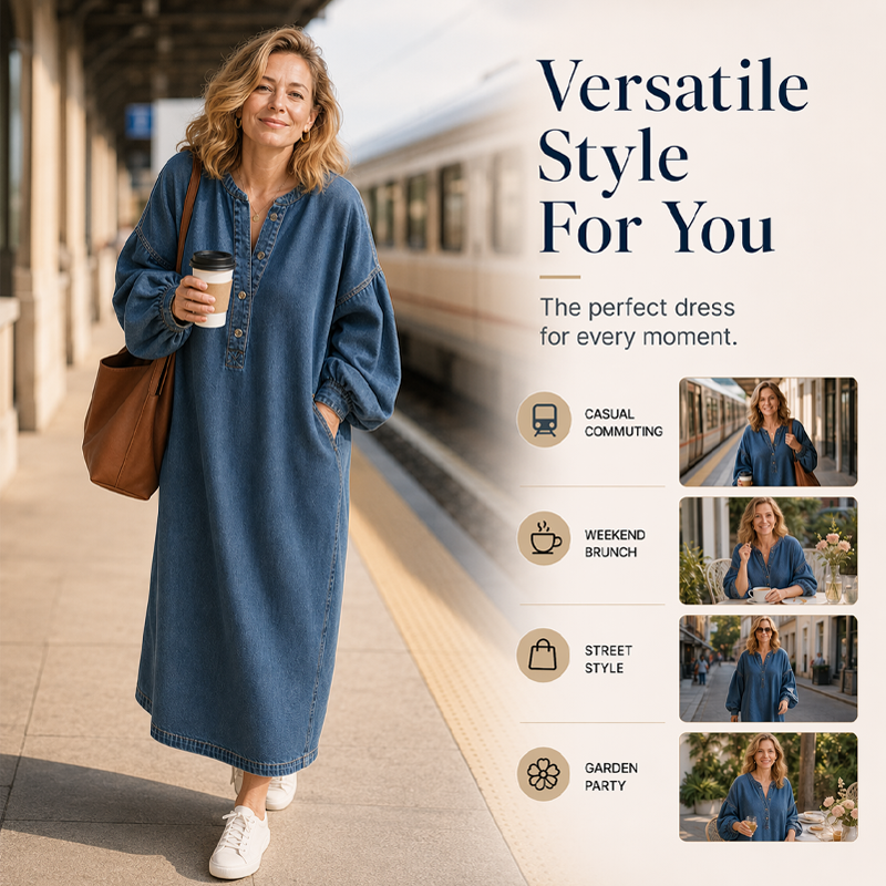 ⌛Limited-Time Offer-Women's Long Lantern Sleeve Maxi Denim Dress