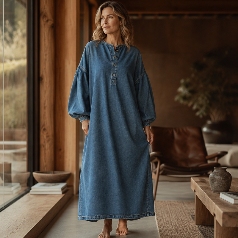 ⌛Limited-Time Offer-Women's Long Lantern Sleeve Maxi Denim Dress