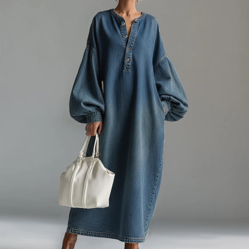 ⌛Limited-Time Offer-Women's Long Lantern Sleeve Maxi Denim Dress
