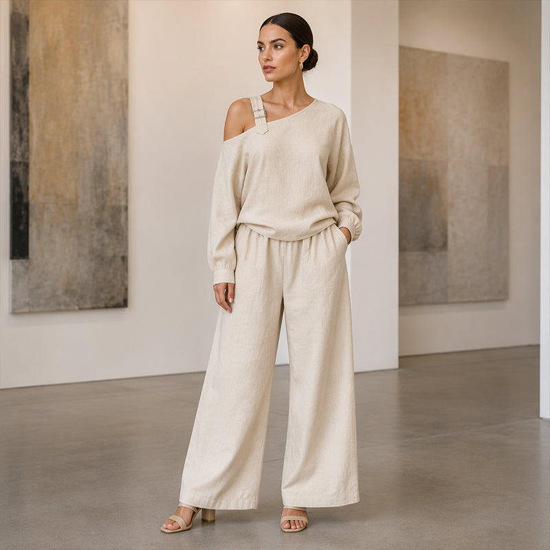 ✨New Arrivals & Special Offers-Women's Elegant One-Shoulder Top & Wide-Leg Pants Set