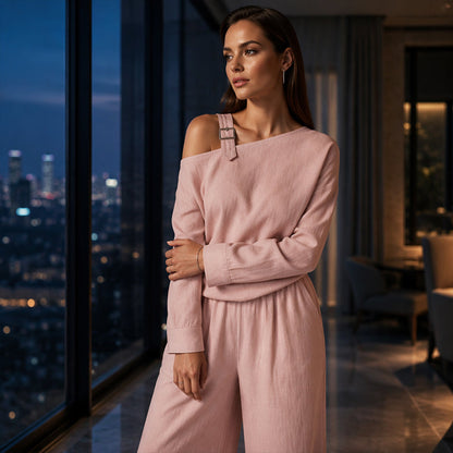 ✨New Arrivals & Special Offers-Women's Elegant One-Shoulder Top & Wide-Leg Pants Set
