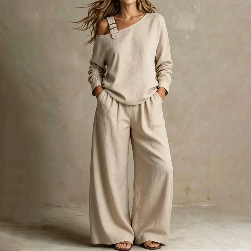 ✨New Arrivals & Special Offers-Women's Elegant One-Shoulder Top & Wide-Leg Pants Set